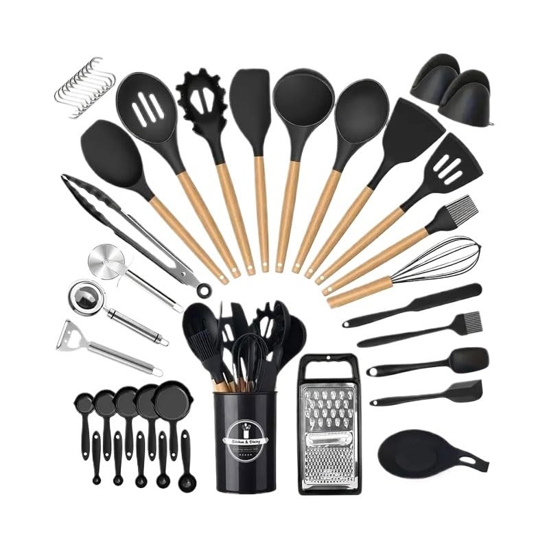 43-Piece Silicone Kitchen Utensil Set with Wooden Handles
