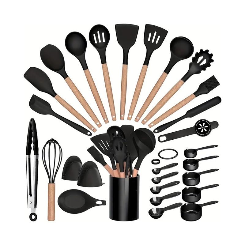 28-Piece Silicone Kitchen Utensil Set with Wooden Handles