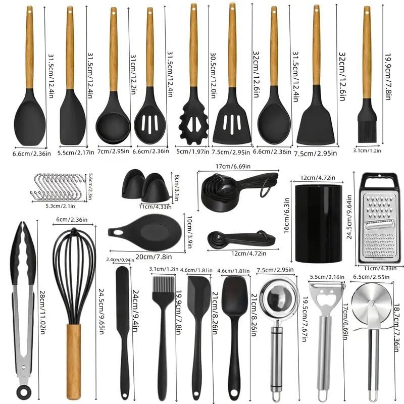 43-Piece Silicone Kitchen Utensil Set with Wooden Handles