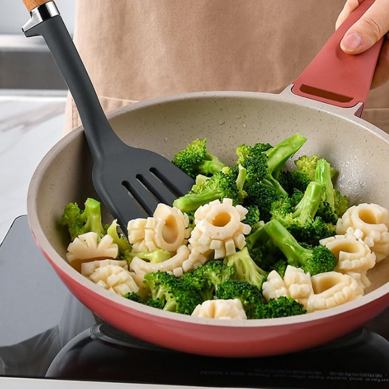 Silicone Kitchen Utensil Set with Wooden Handles & Stand