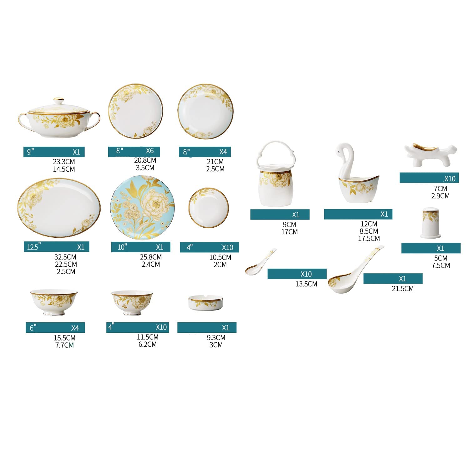 60-Piece Bone China Dinnerware Set with Gold Trim