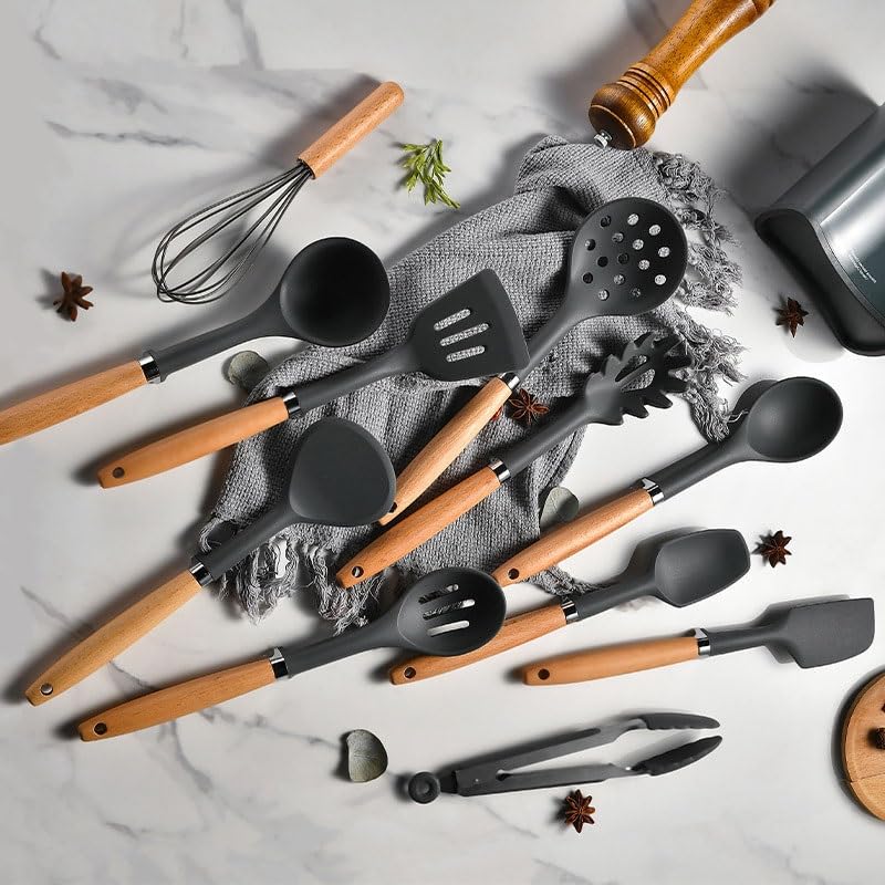 Silicone Kitchen Utensil Set with Wooden Handles & Stand