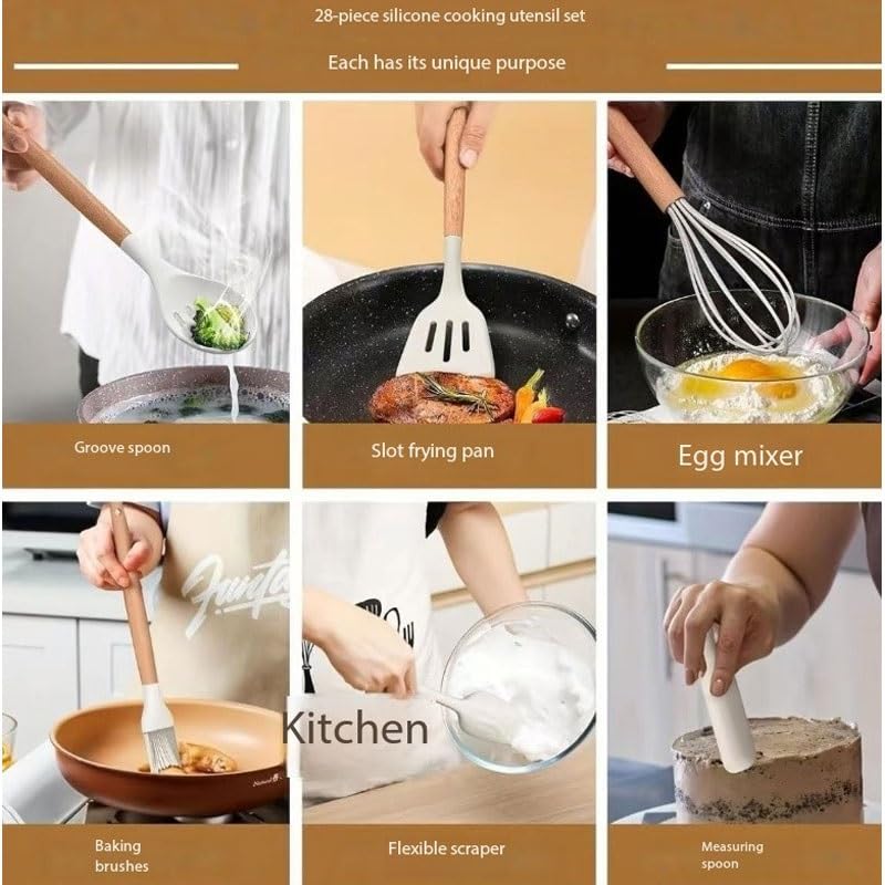 28-Piece Silicone Kitchen Utensil Set with Wooden Handles