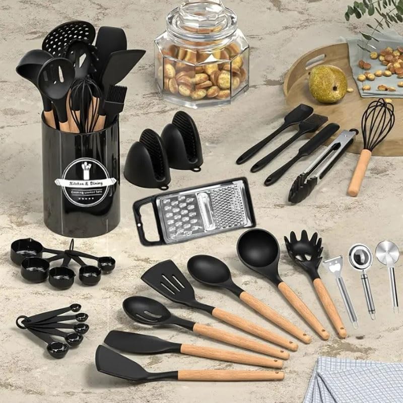 43-Piece Silicone Kitchen Utensil Set with Wooden Handles