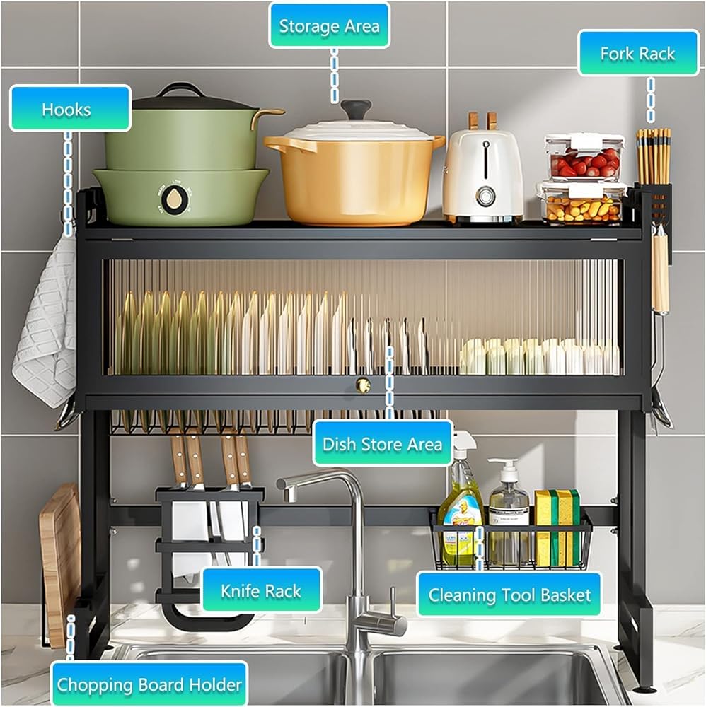 3-Tier Over Sink Dish Drying Rack with Dust Cover