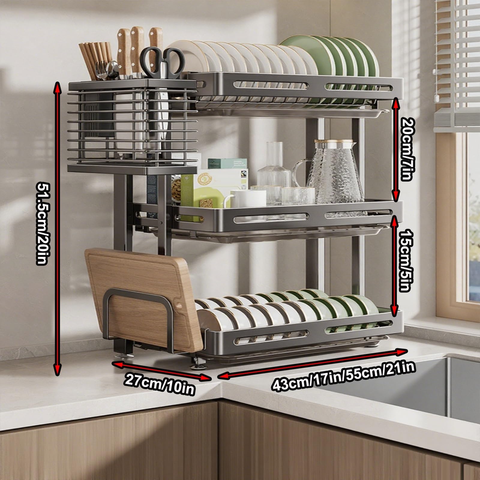 3-Tier Stainless Steel Dish Drying Rack with Cutting Board