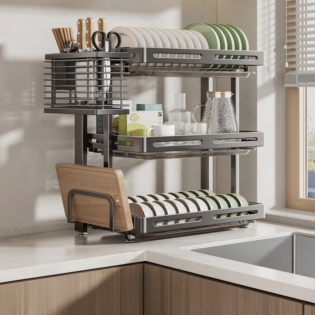 3-Tier Stainless Steel Dish Drying Rack with Cutting Board