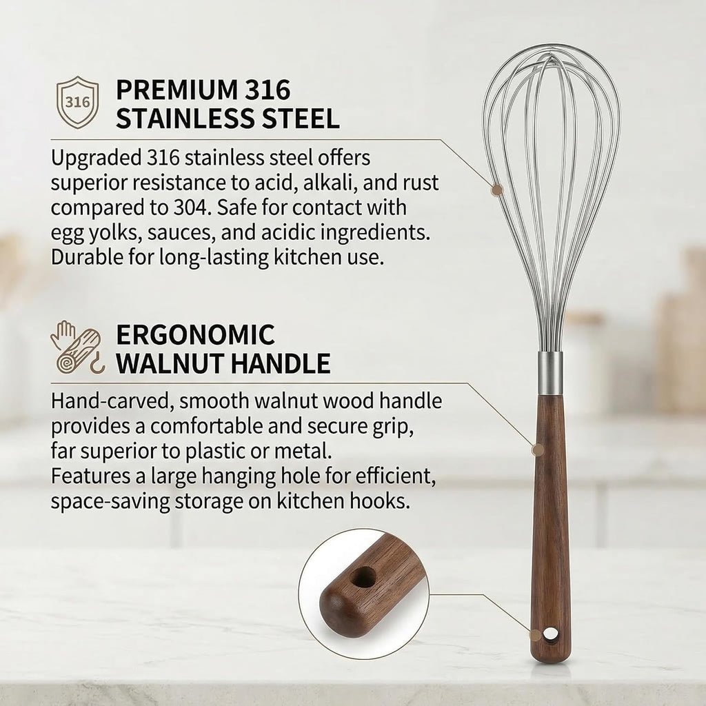 2-Piece Stainless Steel Whisk Set with Walnut Handles