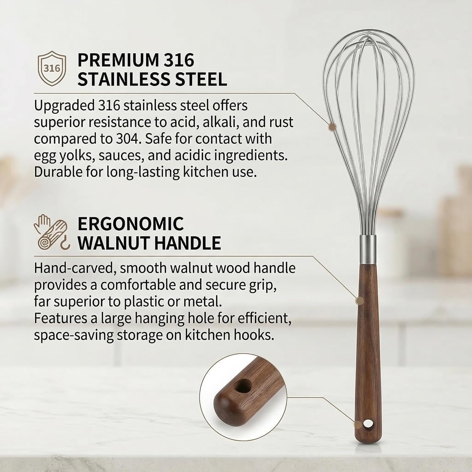 2-Piece Stainless Steel Whisk Set with Walnut Handles