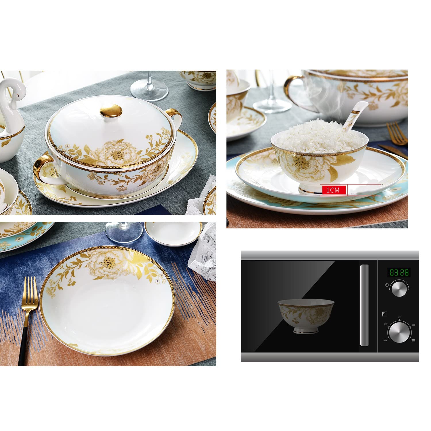 60-Piece Bone China Dinnerware Set with Gold Trim