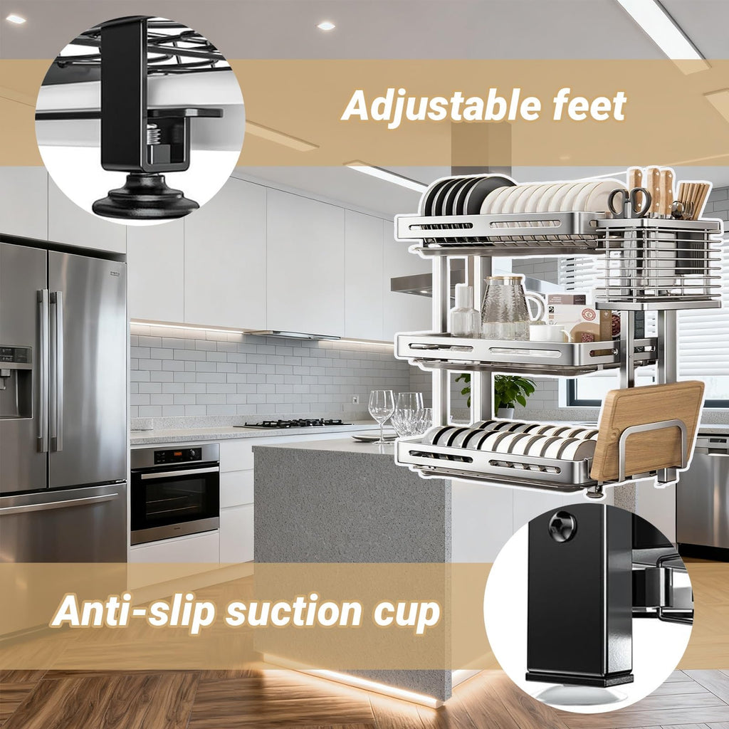 3-Tier Stainless Steel Dish Drying Rack with Cutting Board