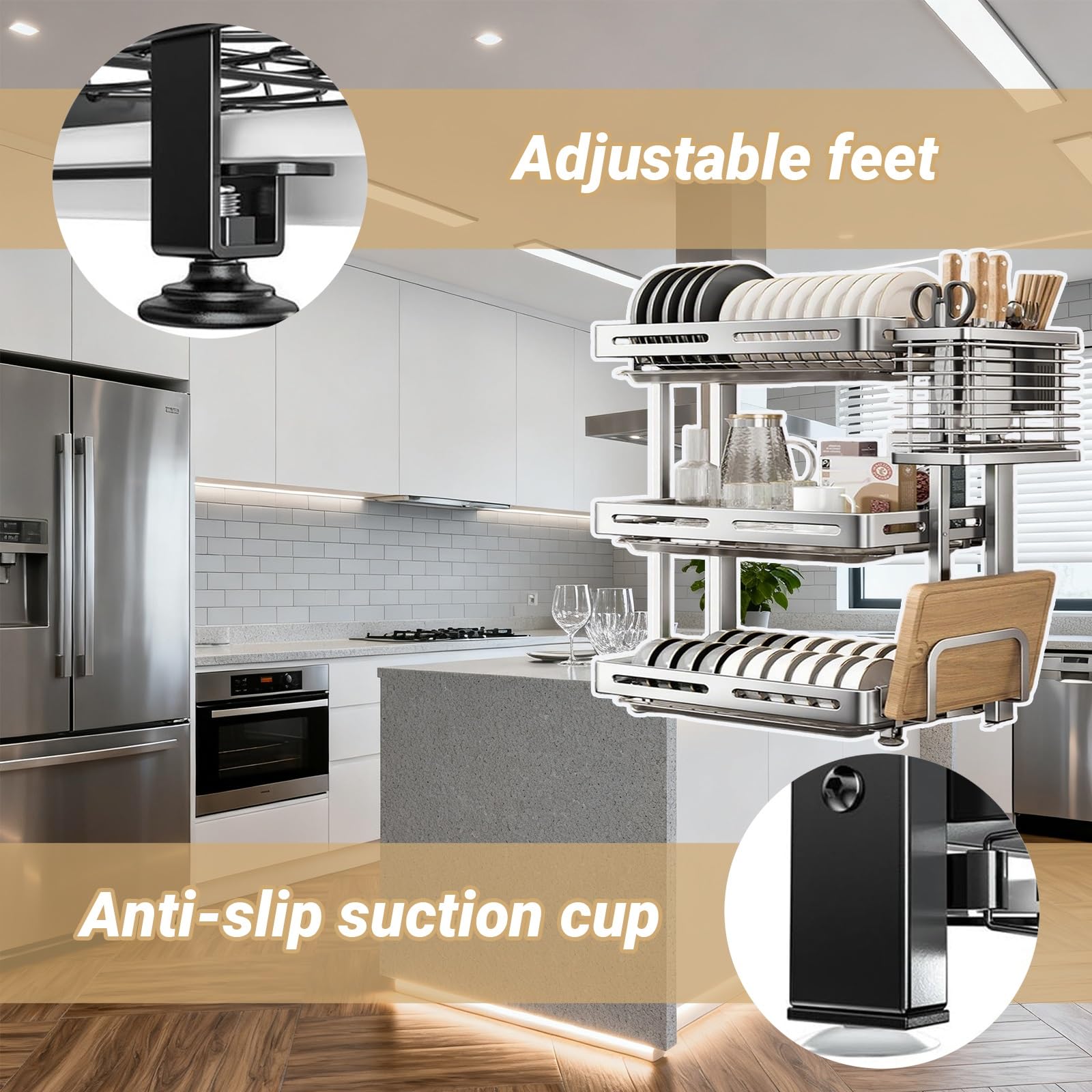 3-Tier Stainless Steel Dish Drying Rack with Cutting Board
