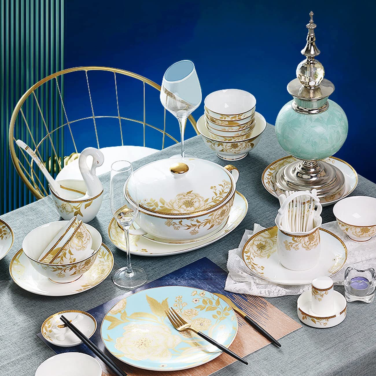60-Piece Bone China Dinnerware Set with Gold Trim