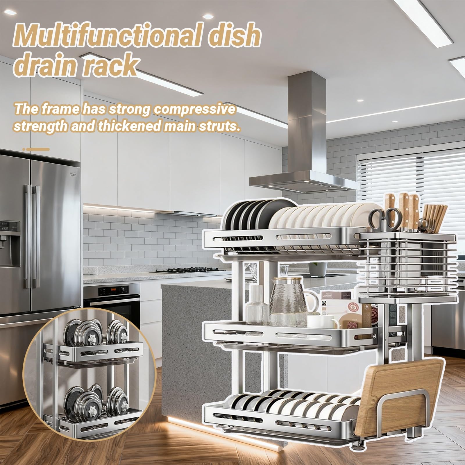 3-Tier Stainless Steel Dish Drying Rack with Cutting Board