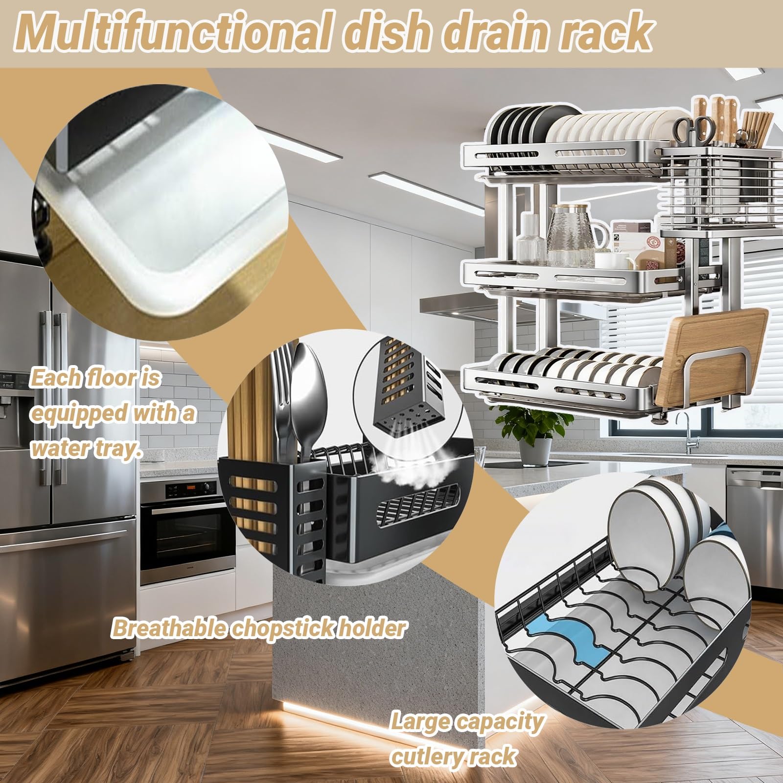 3-Tier Stainless Steel Dish Drying Rack with Cutting Board