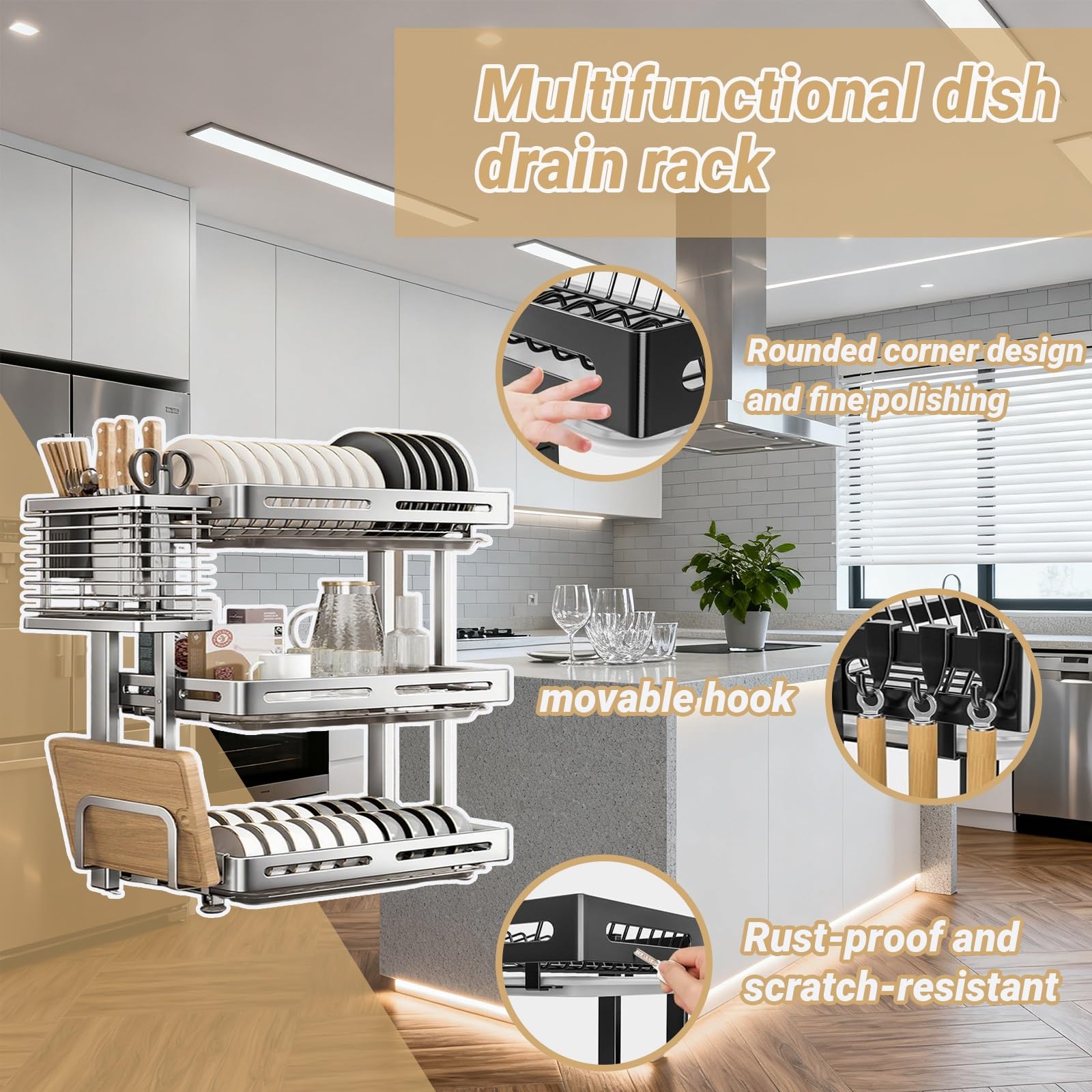 3-Tier Stainless Steel Dish Drying Rack with Cutting Board
